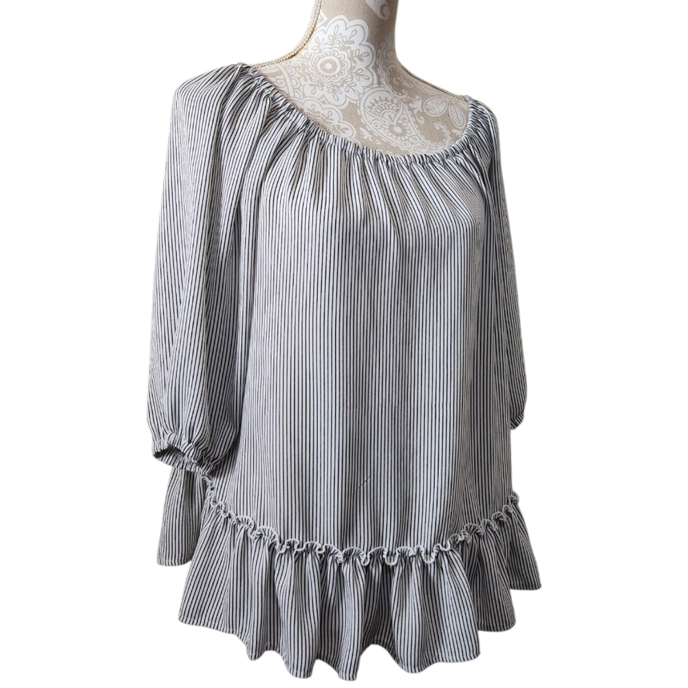 WHBM B/W Striped Cottagecore  Peplum Style Off Shoulder Peasant Blouse Size L